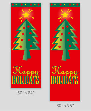 Red marine acrylic fabric light pole banner screen-printed in yellow and green inks; double-sided and available in custom sizes