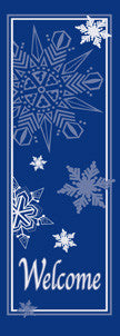 Welcome Snowflakes light pole banner, double-sided full-color screen print on ocean blue marine acrylic fabric