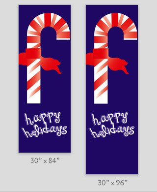 Purple marine acrylic fabric banner, screen printed in red and white inks with same art on both sides; custom sizes available