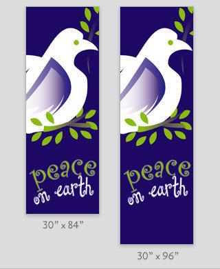 Durable purple marine acrylic fabric, screen printed with white and green inks; stock sizes 30″×60″, 30″×84″, 30″×94-96″