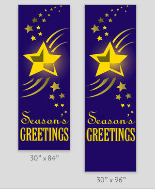 Marine acrylic pole banner in purple with yellow screen print; double-sided, available in 30×60, 30×84, 30×94-96.