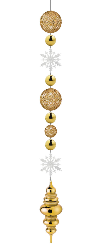Gold Ornament & Snowflake Drop ornament string with gold shiny ornaments, frosted acrylic snowflakes and gold finial.