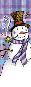 Plaid Snowman light pole banner, double-sided on 18 oz vinyl; stock sizes 30×60, 30×84, 30×94-96