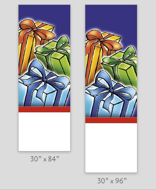 18 oz reinforced vinyl light pole banner, double-sided full-color digital print; sizes 30x60, 30x84, 30x94-96