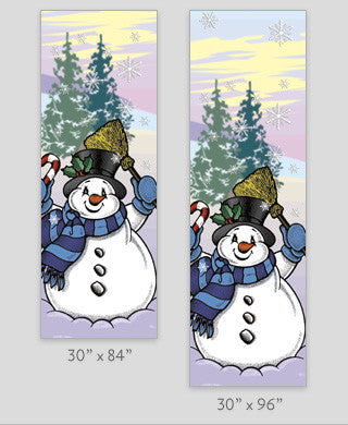 18 oz reinforced vinyl double-sided banner, full-color Snowman with Broom print; sizes 30 x 60, 30 x 84, 30 x 94-96