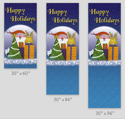 Durable 18 oz reinforced vinyl light pole banner, double-sided same art; available in 30x60, 30x84, 30x94-96
