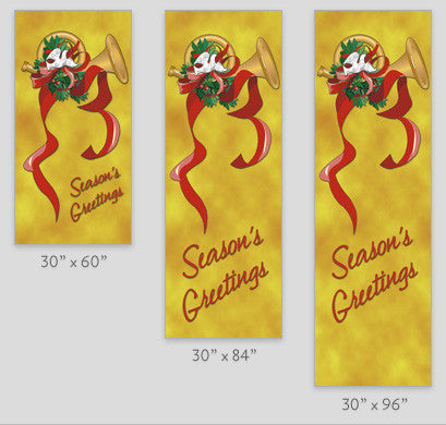18 oz reinforced vinyl banner produced on demand with double-sided Gold French Horn digital print; minimum order 10