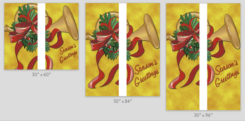 18 oz. reinforced vinyl light pole banner produced on demand; same art both sides; available 30x60, 30x84, 30x94-96 (double set)