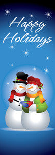 Happy Snow Couple light pole banner , double-sided full-color print; stock sizes 30×60, 30×84, 30×94-96 inches