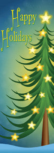 Cartoon Tree & Glowing Stars light pole banner with full-color digital print; same art on both sides; stock sizes 30x60, 30x84, 30x94-96