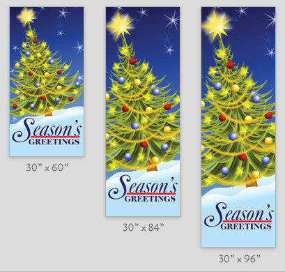 18 oz reinforced vinyl full-color pole banner, printed on demand and double-sided with identical artwork; stock sizes 30×60, 30×84, 30×94-96