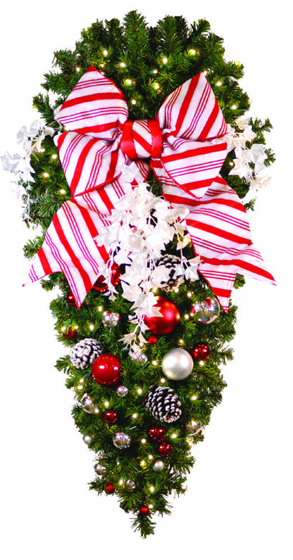 Decorated 4' Candy Cane Spray pine garland with 18" candy-cane striped bow and warm-white LED miniature lights (50 bulbs)