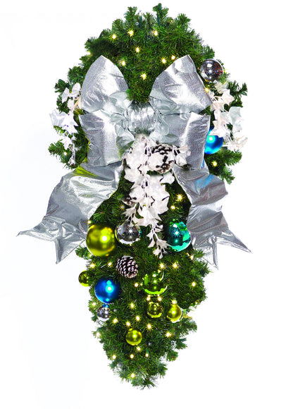 4' coastal pre-decorated spray with 18" red bow, turquoise and apple-green ornaments, 100 warm-white LEDs, UV-treated foliage