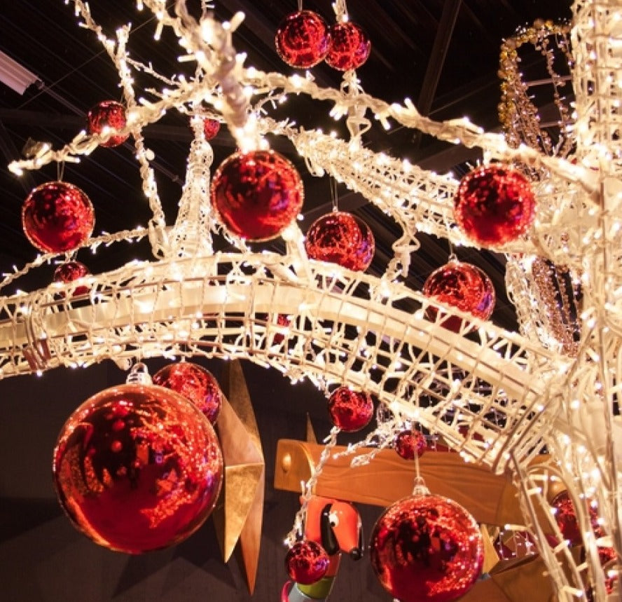 Commercial Metal Illuminated Branch Tree Detail with Large Red Shiny Hanging Ornaments