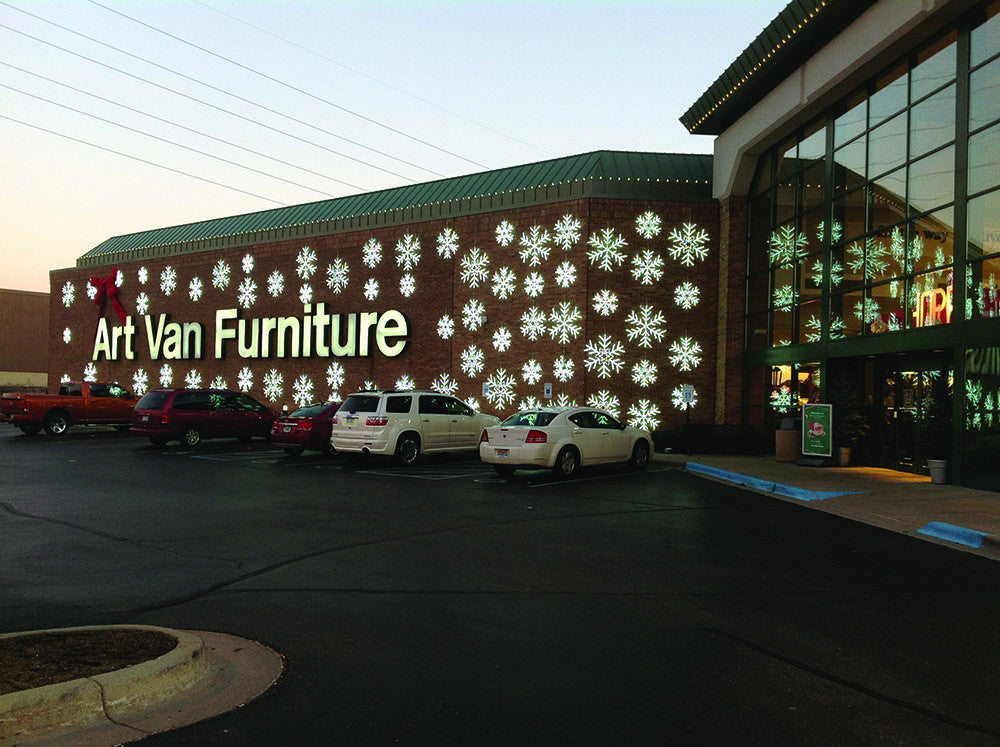 LED Snowflakes Mounted as Building Front Displays
