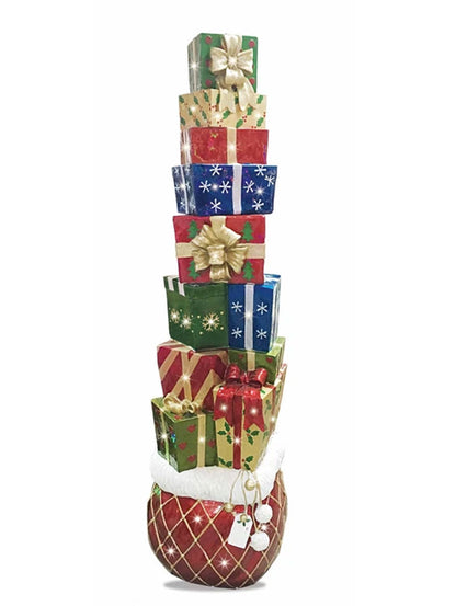 Lit Fiberglass Gift Box Stack display, 72 in tall with LED light accents, suitable for indoor or outdoor use; weighs 68 lbs.