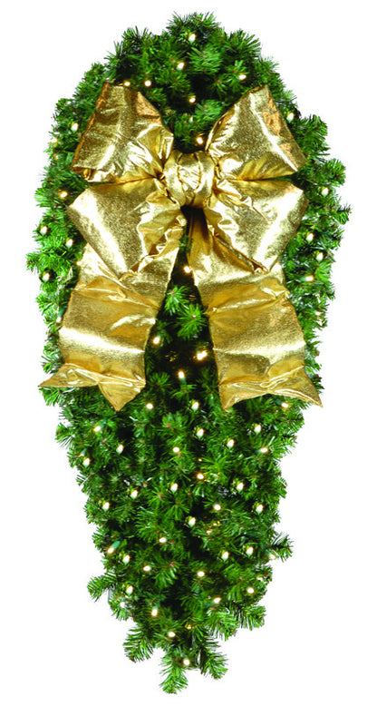 Natural 4' Spray Pre-Lit with Gold Bow , outdoor 4' commercial spray with mountain-pine foliage, powder-coated frame, 100 warm-white 5mm LEDs