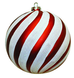 Red and white swirl candy cane ball ornaments, set of 6, 6-inch diameter; accents for Christmas trees and wreaths.