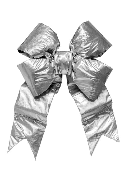 Silver Structural Bow decorative accent with sturdy wire mesh frame and foam interior; oversized, bendable loops and tails