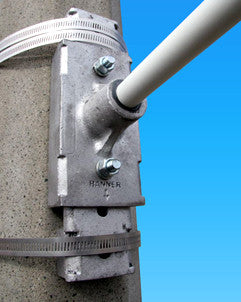 BannerMASTER Dual-Plate bracket system for one- or two-banner poles; fiberglass rods, cast-aluminum plates, SS clamps