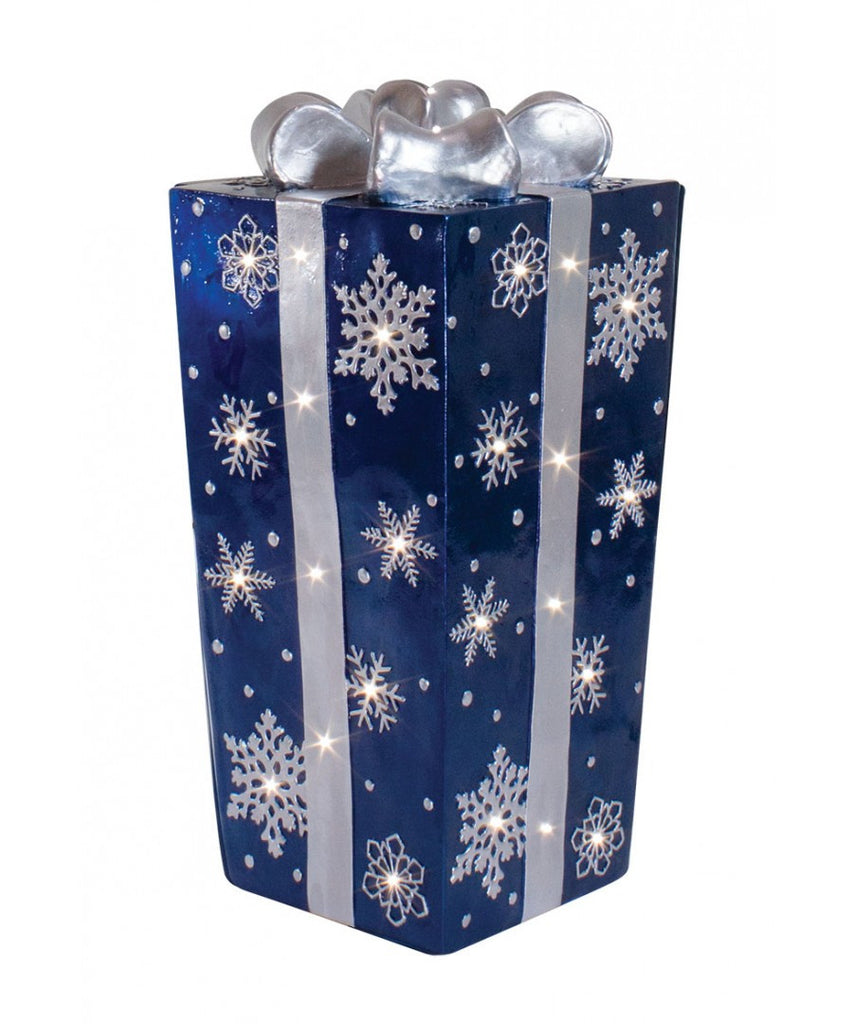 Blue Fiberglass Snowflake Gift Box with Silver Bow and LED Lights