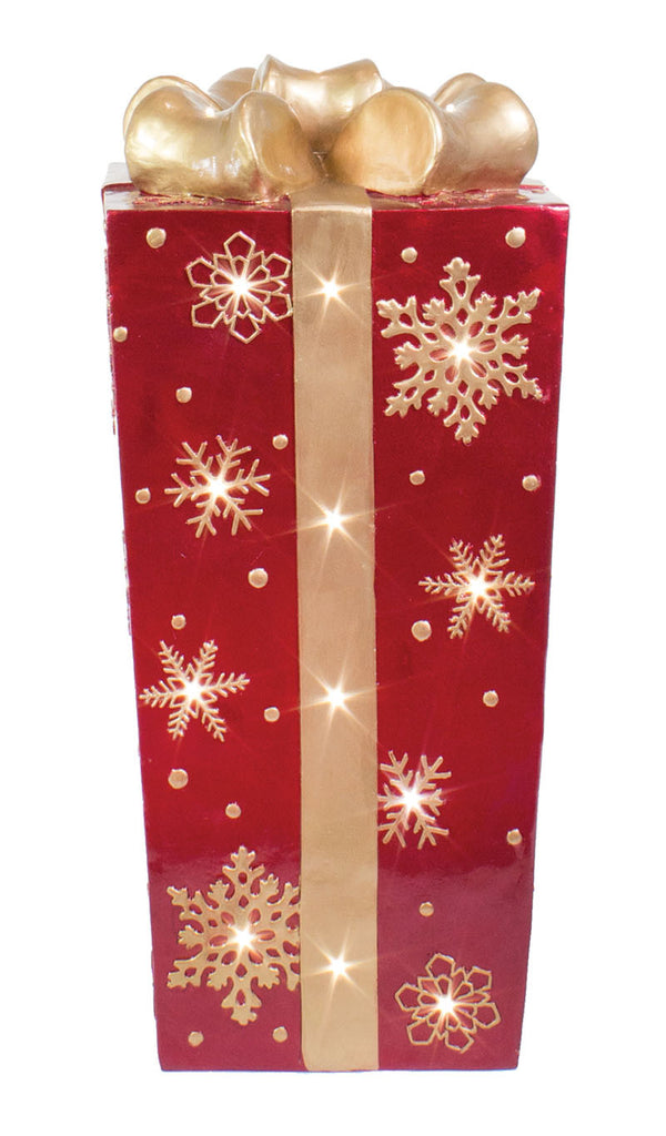 Red Fiberglass Snowflake Gift Box with Gold Bow and LED Lights